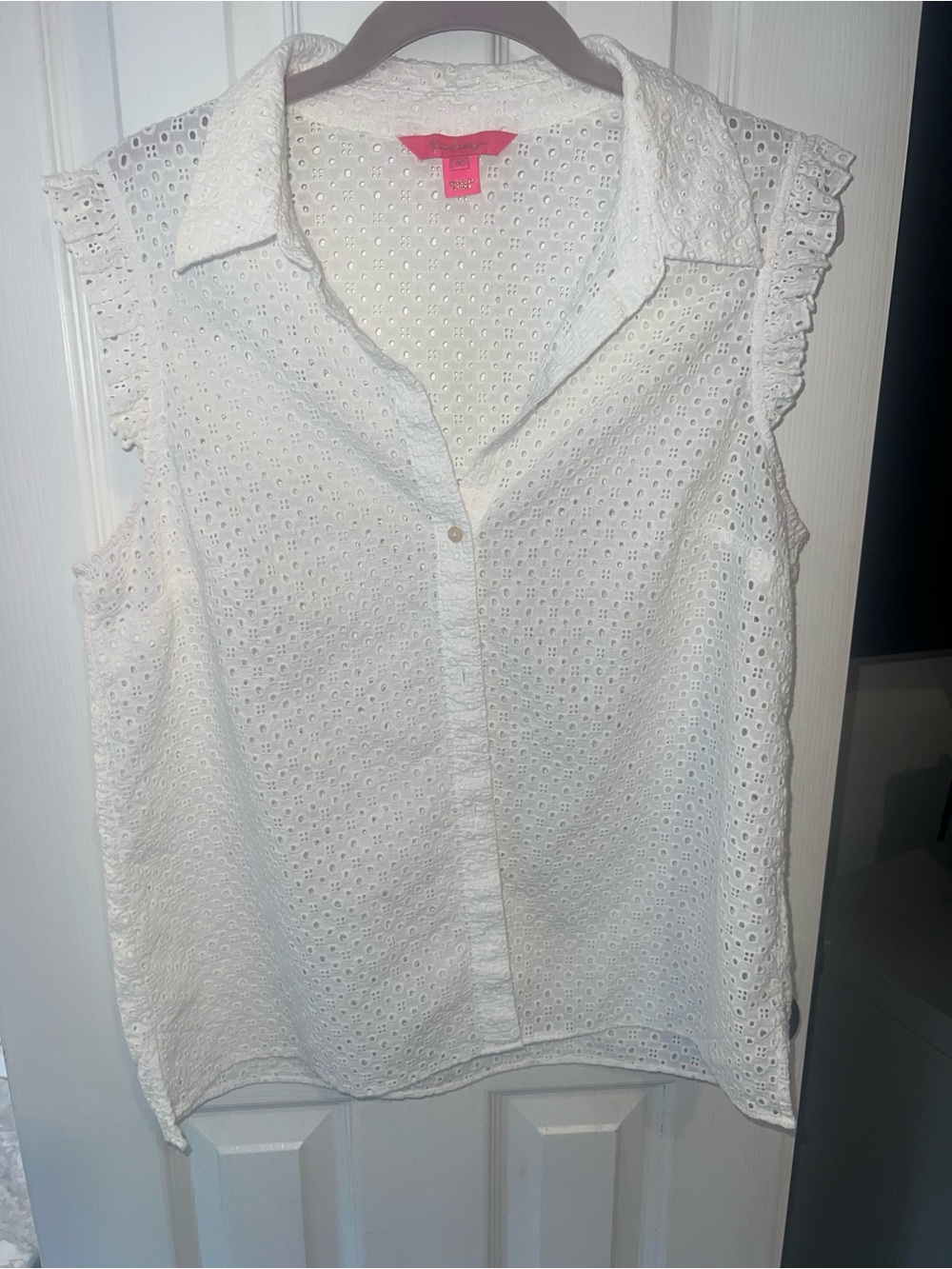 Lilly Pulitzer White Eyelet Ruffle Sleeve Button-Down Top.